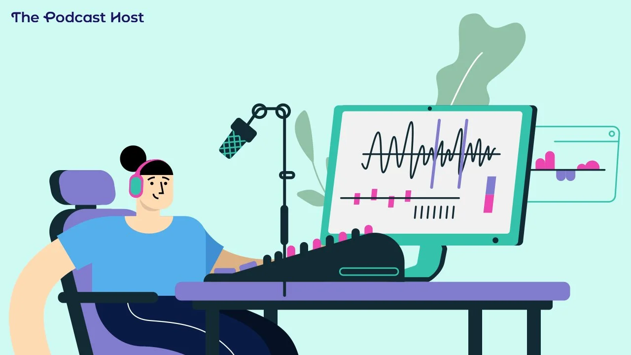 Illustration of a person at a desk editing audio on a computer that displays waveforms, beside a microphone and mixing controls