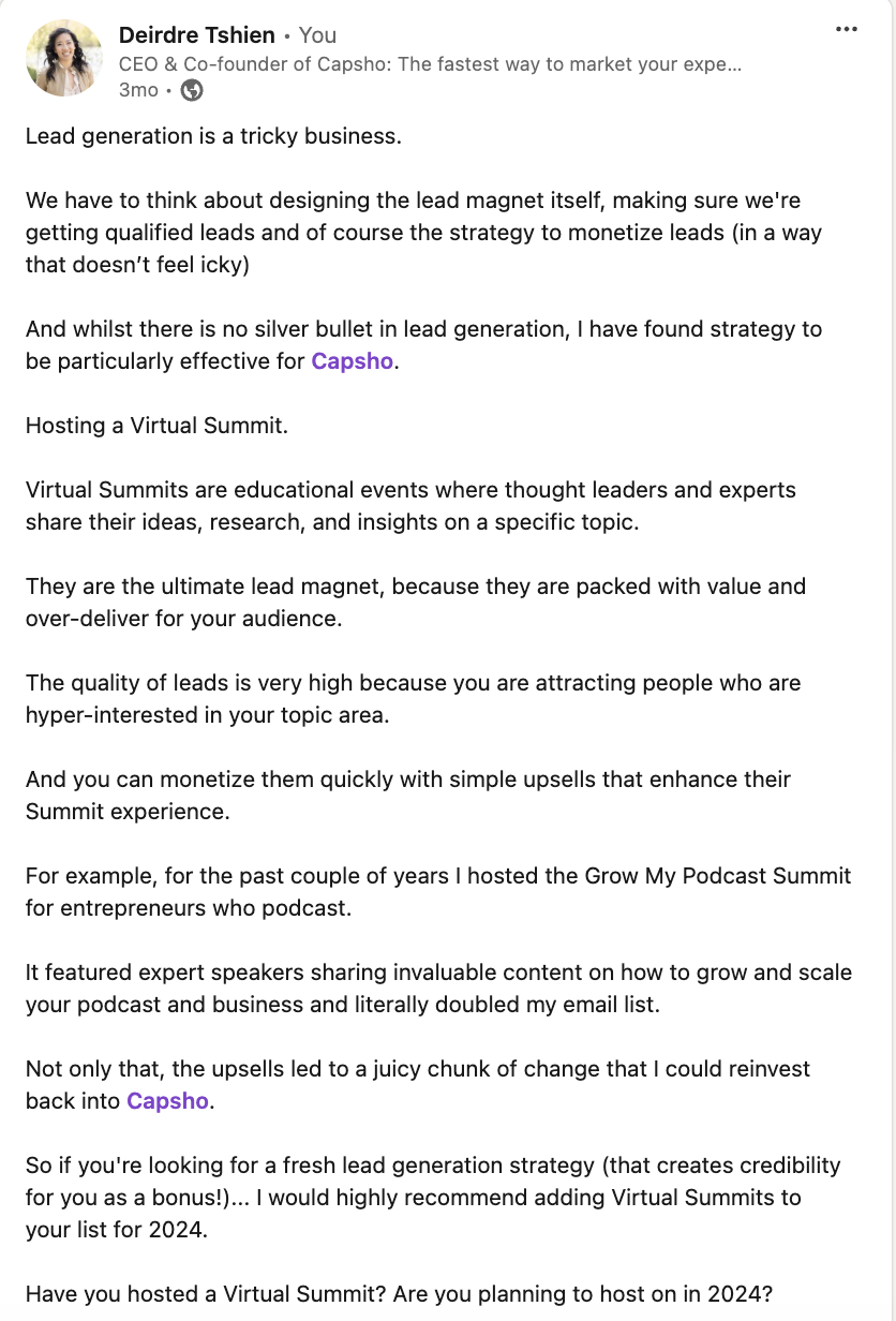 Example elaboration post: a LinkedIn post from Deirdre Tshien explaining how hosting a virtual summit works as a lead-generation strategy