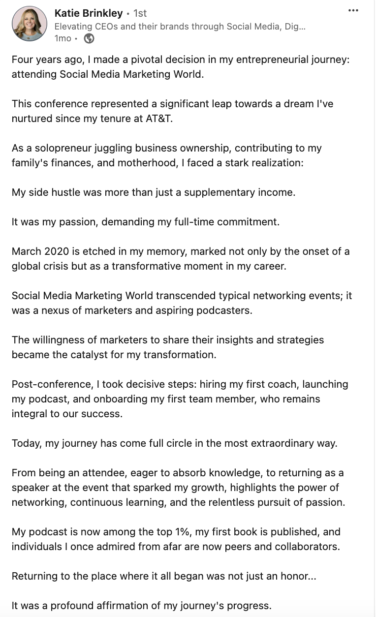 Example community post: a LinkedIn story from Katie Brinkley about attending Social Media Marketing World and later returning to the same event as a speaker