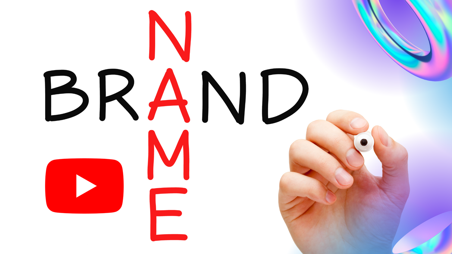 A hand writing "BRAND NAME" in a crossword-style layout beside the YouTube logo
