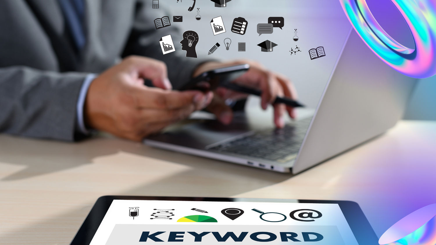 A person in a suit using a phone and laptop with content-marketing icons floating above, and a tablet displaying the word "KEYWORD"
