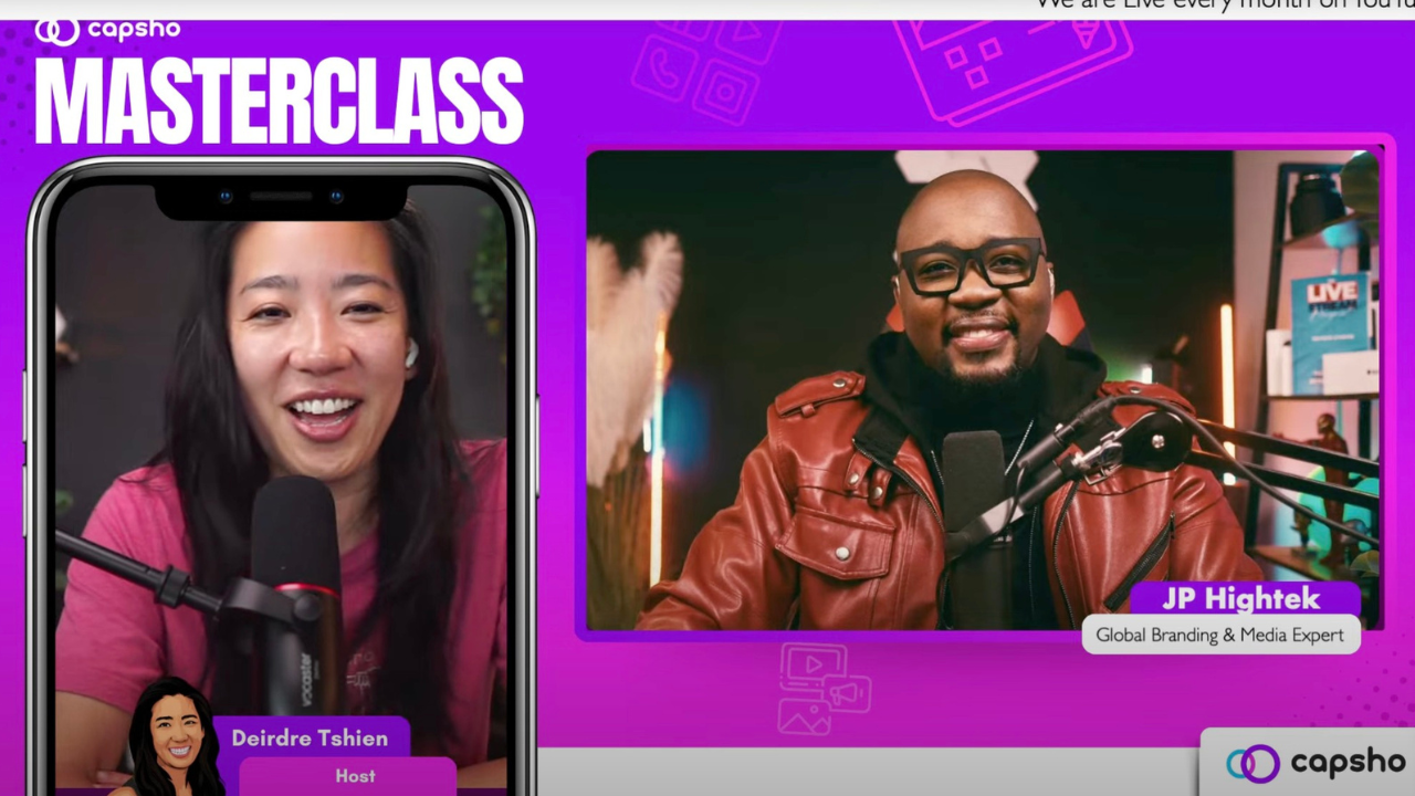 Still from a Capsho Masterclass livestream showing host Deirdre Tshien on a phone screen interviewing guest JP Hightek, a global branding and media expert