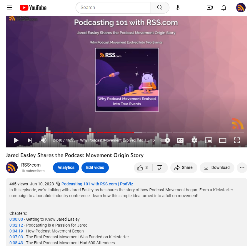 Screenshot of a converted audio episode playing as a video on YouTube, with the cover art on screen and chapter timestamps listed below