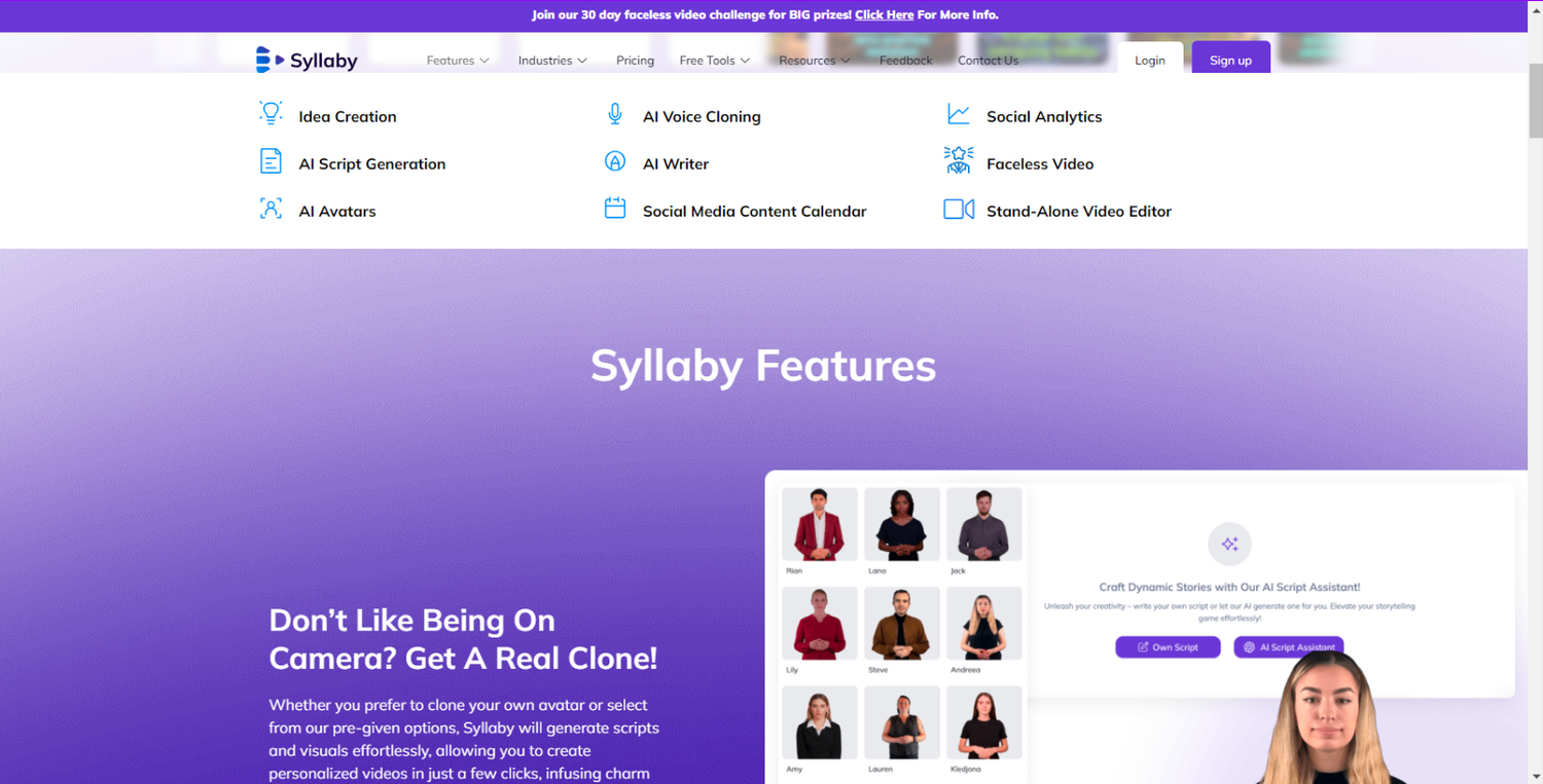 Screenshot of the Syllaby website showing its feature menu — idea creation, AI voice cloning, AI avatars and more — alongside a "get a real clone" AI avatar section